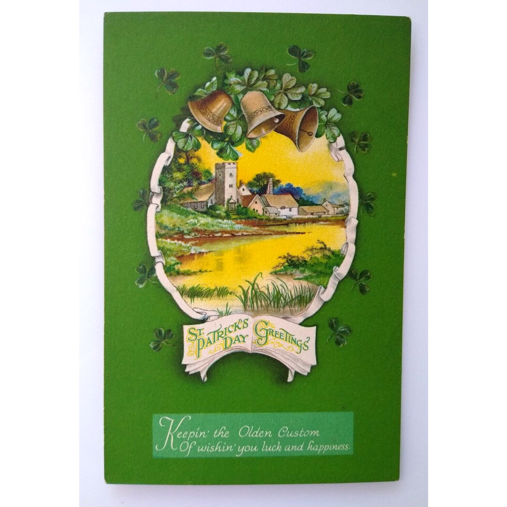 St Patrick's Day Postcard Wolf Lake Bells Castle Church Shamrock Greetings 453